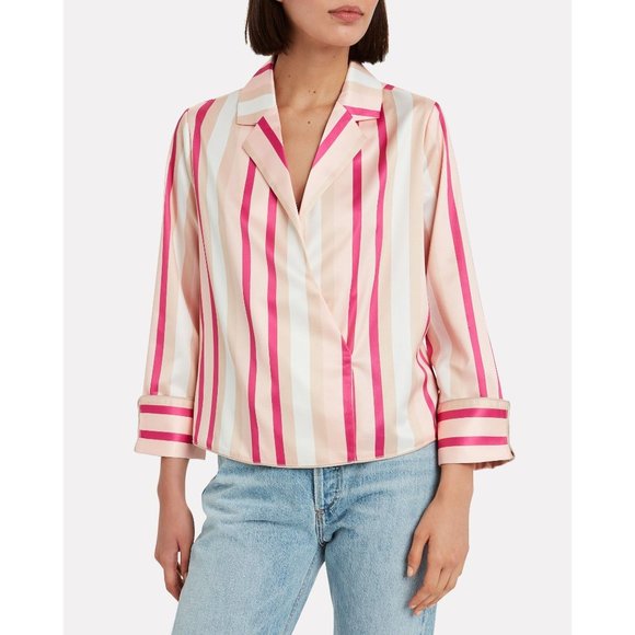 NOTES DU NORD Liv Striped Blouse 40 Wrap Collar Pink/White - Picture 1 of 14